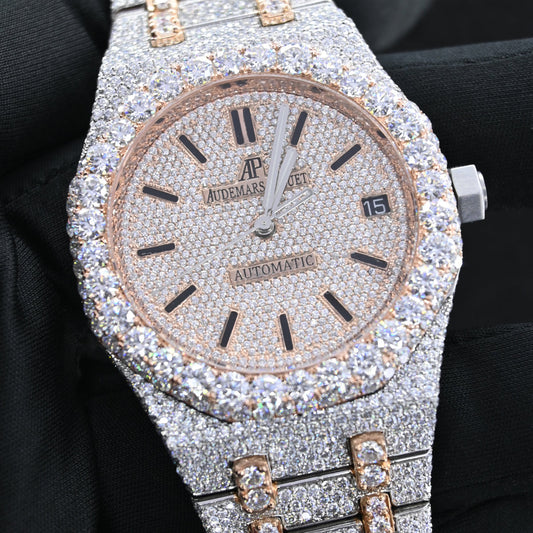 Alposh Audemars Piguet Swiss Eta Movement Rose Gold Full Iced Out Moissanite Diamond Watch Make Dial Plate Roman, Highted Collet, & Bezell