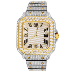 Two Tone Gold Finish Stainless Steel Iced Out Automatic Movement Date Roman Dial Hip Hop Luxury Watch Handsetting Fast Shipping Gift for him
