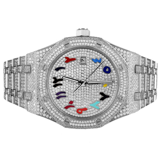 Rainbow Arabic Dial Date Stainless Steel Automatic Movement Icy Micro Pave New Luxury Watch Handmade Fast Ship